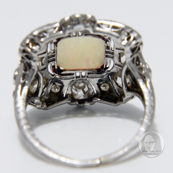 Art Deco Cocktail Ring Opal and Diamond Vintage Platinum Rare Early 20th C - Picture 12 of 16